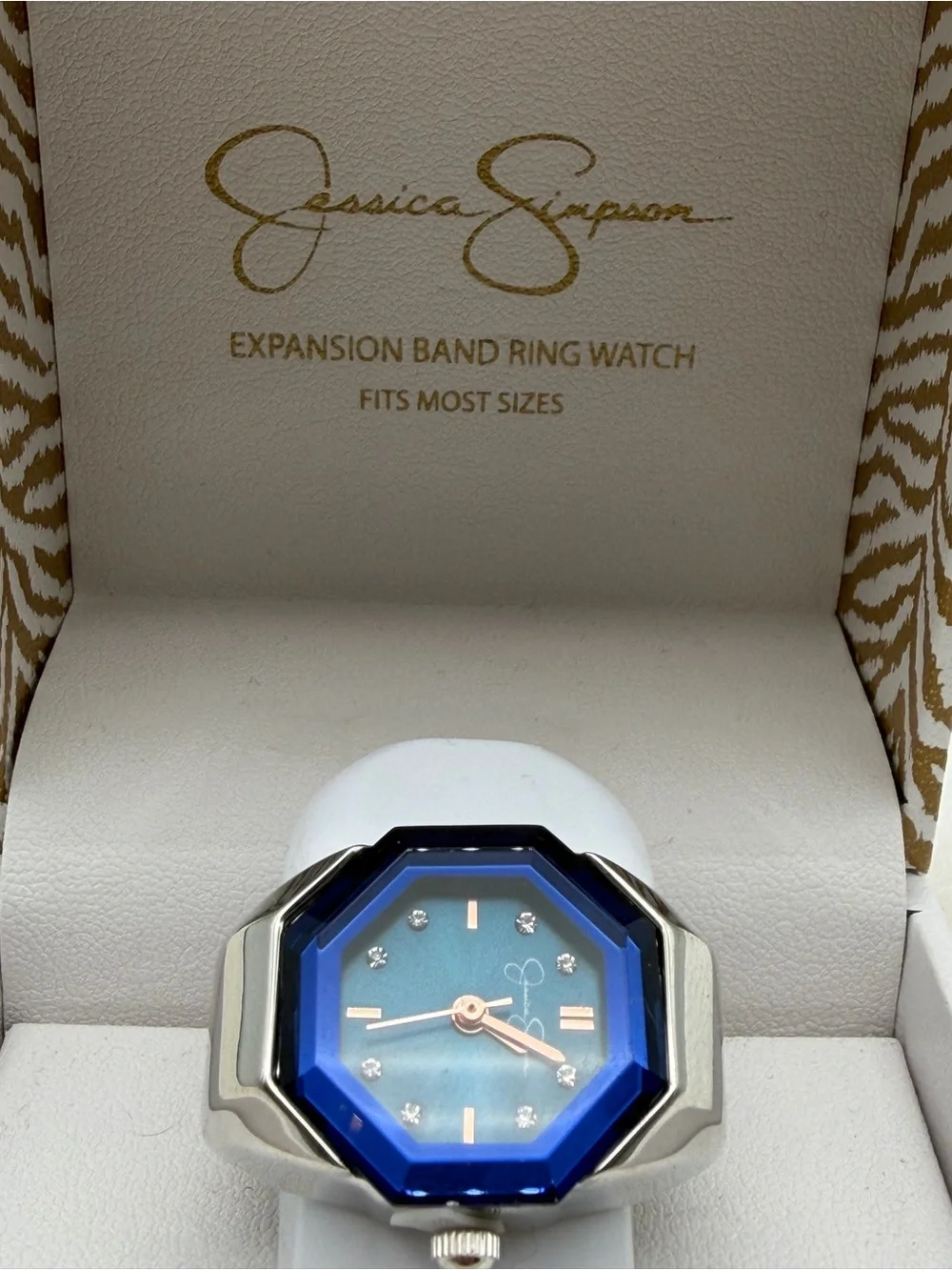 Jessica Simpson Blue Bezel Ring Watch with Silver Band